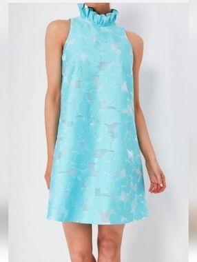 Tuckernuck Cyan Fil Jacquard Tie Neck Ruffle Blythe Dress Size Large